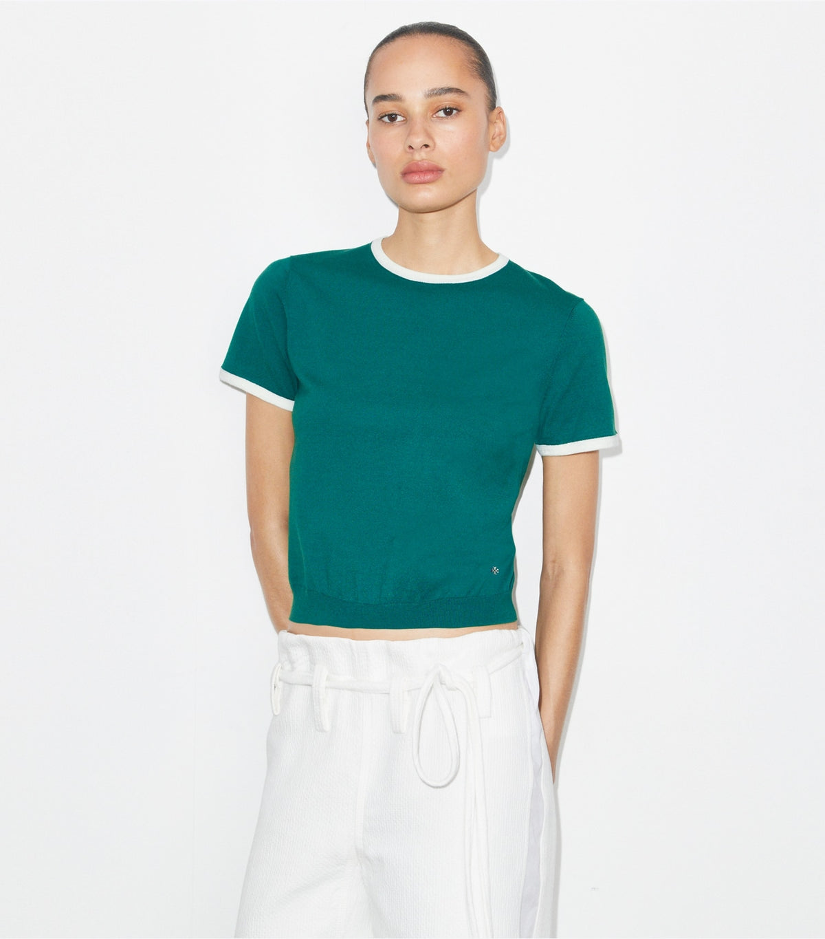 Tory Burch Value - Contrast-Trim Short-Sleeve Sweater - Emerald