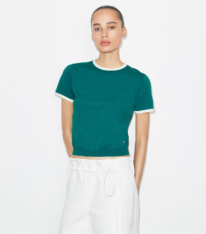 Tory Burch Value - Contrast-Trim Short-Sleeve Sweater - Emerald