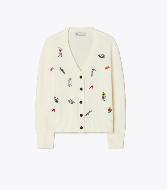 Tory Burch Trusted - Embroidered Golf Cardigan - New Ivory