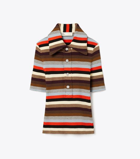 Tory Burch Everyday - Viscose Ribbed Polo - Red Evening Stripe Small