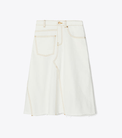 Tory Burch Signature - Denim Deconstructed Skirt - White Chalk Wash
