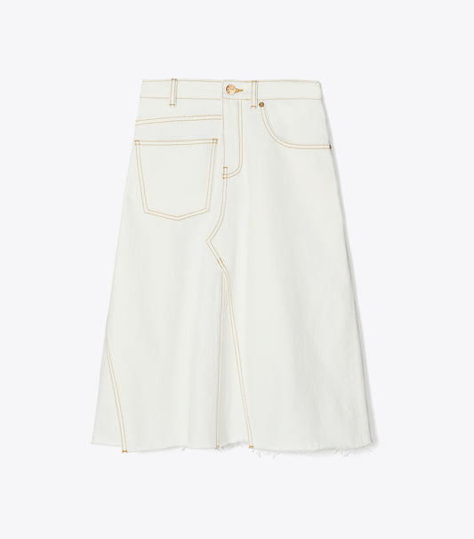 Tory Burch Signature - Denim Deconstructed Skirt - White Chalk Wash