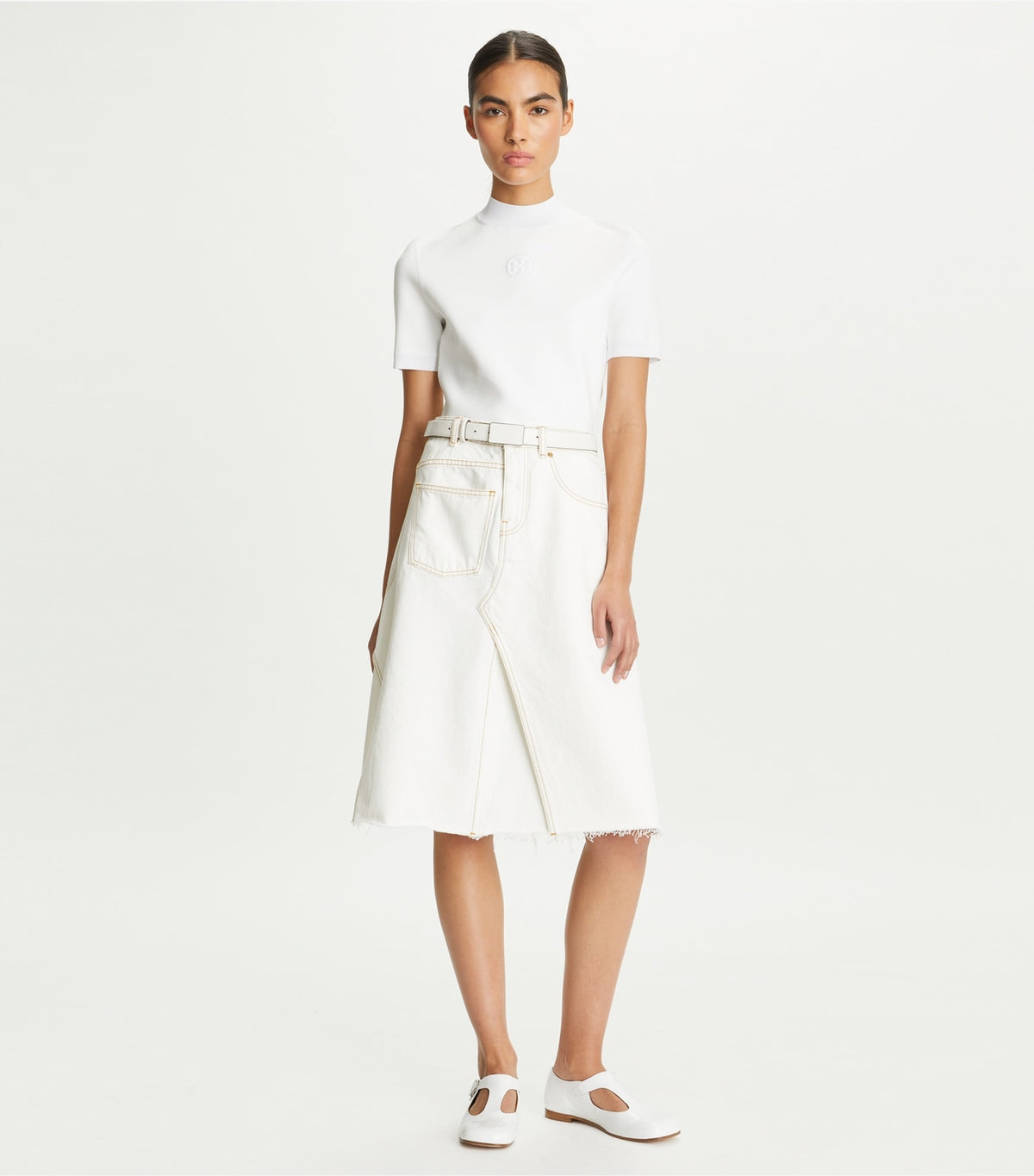 Tory Burch Signature - Denim Deconstructed Skirt - White Chalk Wash