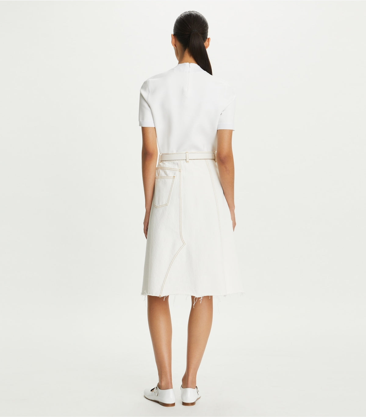 Tory Burch Signature - Denim Deconstructed Skirt - White Chalk Wash