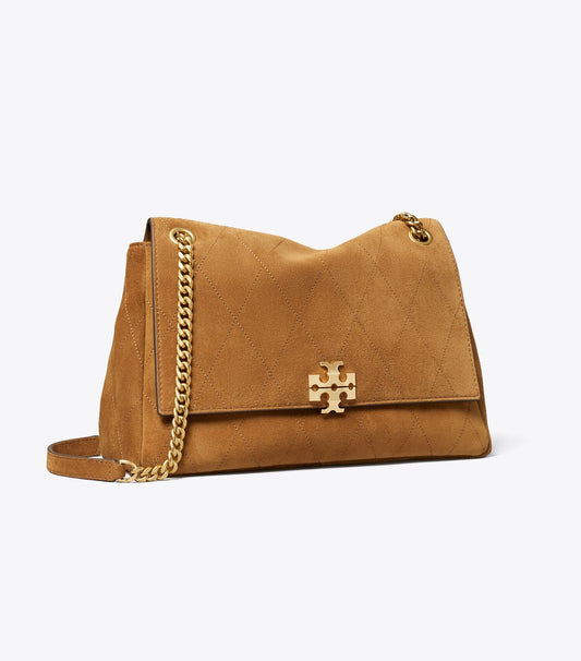 Tory Burch Trusted - Charlie Quilted Suede Shoulder Bag - Caramel