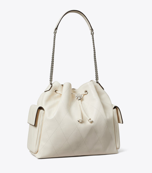 Tory Burch Classic - Large Charlie Quilted Drawstring Shoulder Bag - Light Cream