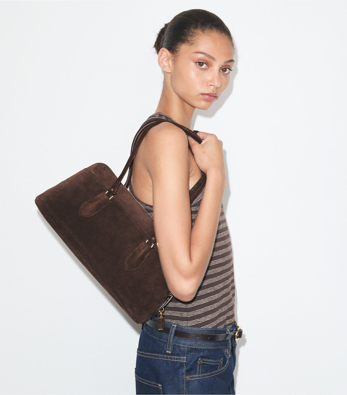 Tory Burch Best Price - Lock Suede East-West Satchel - Dark Cocoa
