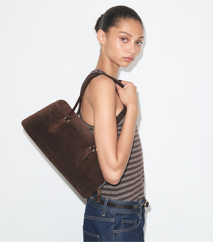 Tory Burch Best Price - Lock Suede East-West Satchel - Dark Cocoa