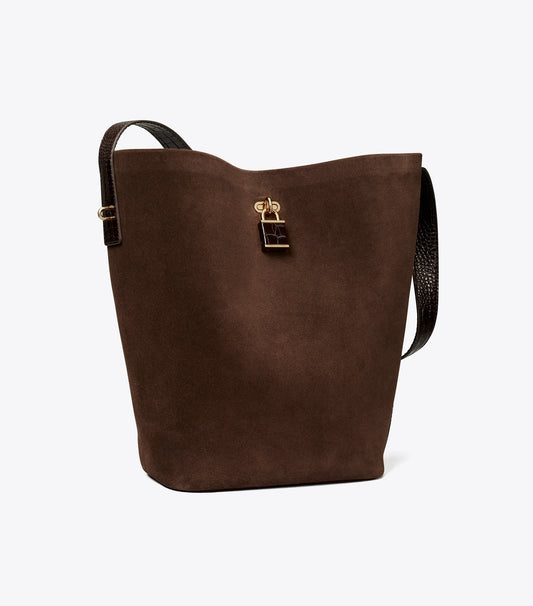 Tory Burch New - Lock Suede Slim Bucket Bag - Dark Cocoa