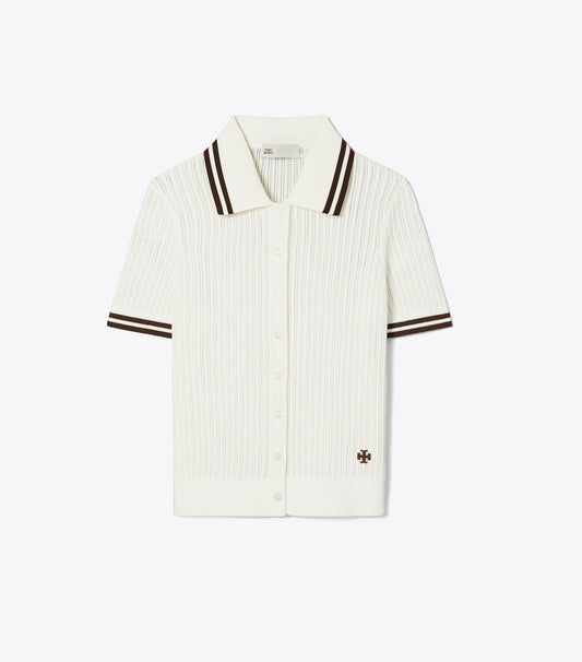 Tory Burch Smart Buy - Pointelle Cotton Cardigan - New Ivory / 70'S Botanical Brown