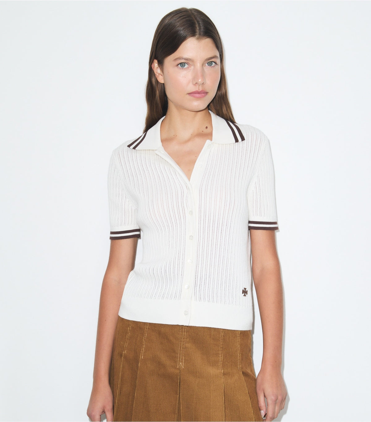 Tory Burch Smart Buy - Pointelle Cotton Cardigan - New Ivory / 70'S Botanical Brown