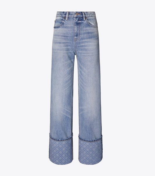 Tory Burch Customer Favorite - Contrast Cuff Straight Leg Jean - Light Vintage Wash