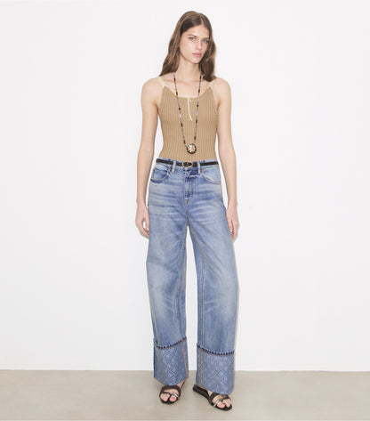 Tory Burch Customer Favorite - Contrast Cuff Straight Leg Jean - Light Vintage Wash