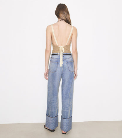Tory Burch Customer Favorite - Contrast Cuff Straight Leg Jean - Light Vintage Wash