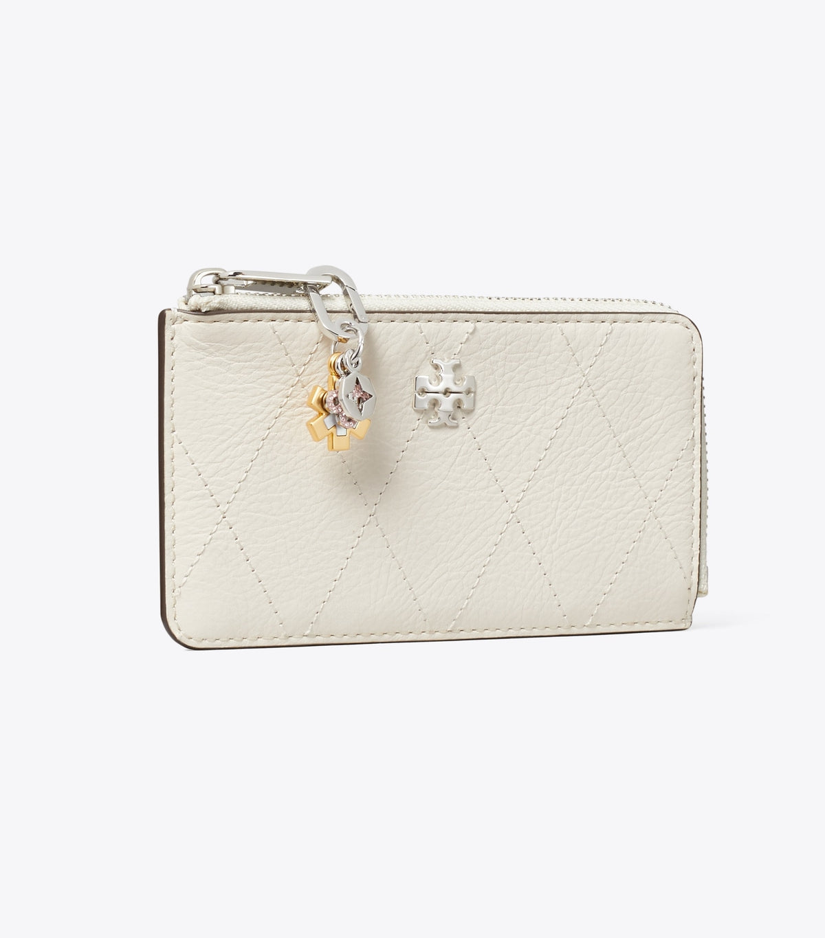 Tory Burch Best Price - Charlie Quilted Zip Card Case - Light Cream / Charms