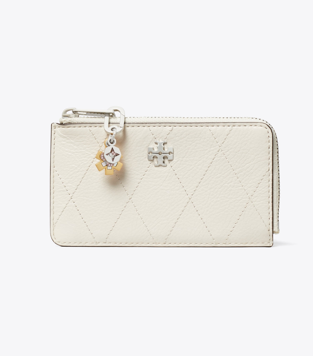 Tory Burch Best Price - Charlie Quilted Zip Card Case - Light Cream / Charms