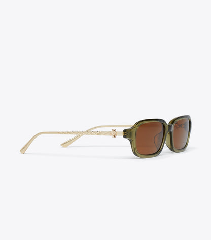 Tory Burch Great Value - Kira Metal Rectangle Sunglasses - Transparent Olive/Brown