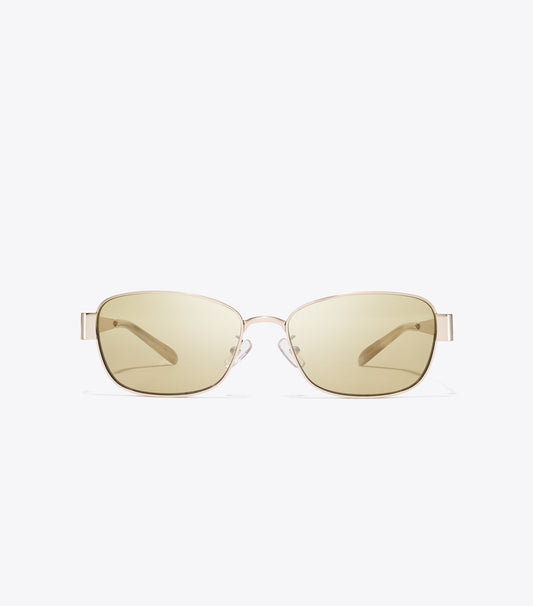 Tory Burch Essential - Miller Metal Rectangle Sunglasses - Shiny Light Gold/Green