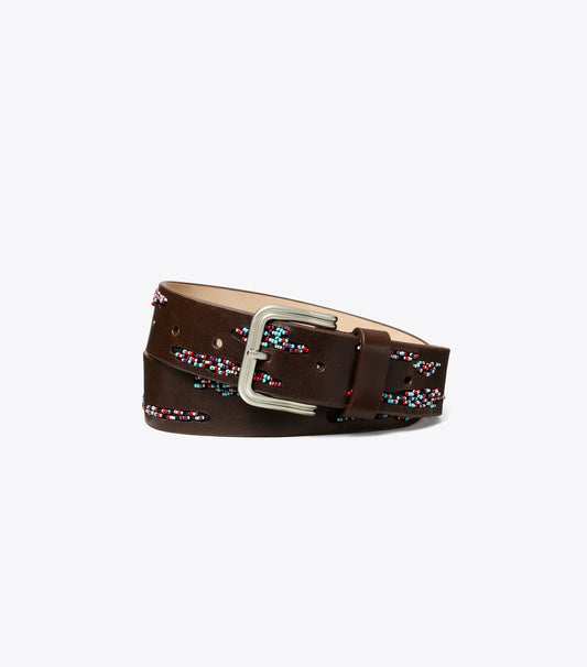 Tory Burch Best Seller - Double Wire Beaded Buckle Belt - Dark Brown / Silver