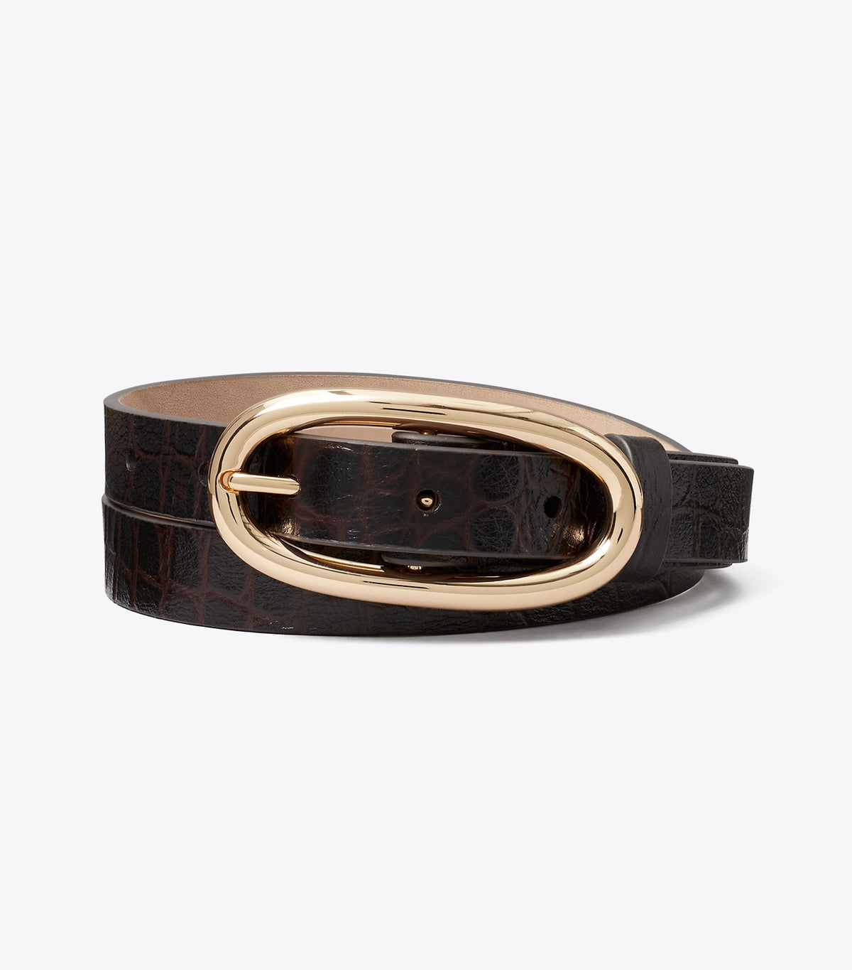 Tory Burch Hot Sale - Pierced Embossed Croc Large Buckle Belt - Cocoa / Gold