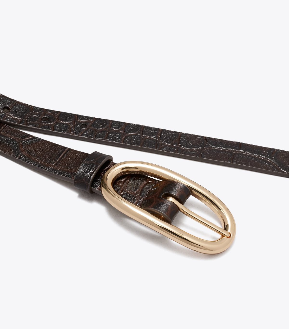Tory Burch Hot Sale - Pierced Embossed Croc Large Buckle Belt - Cocoa / Gold