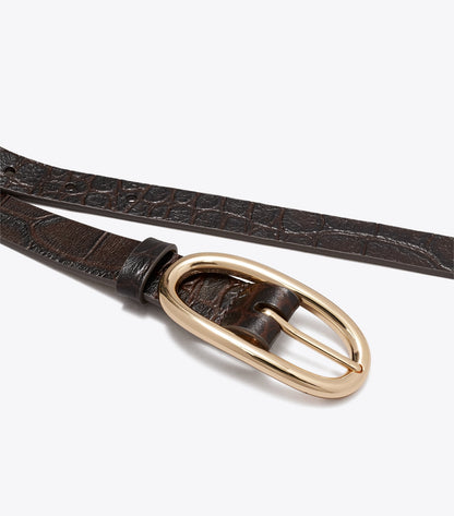 Tory Burch Hot Sale - Pierced Embossed Croc Large Buckle Belt - Cocoa / Gold