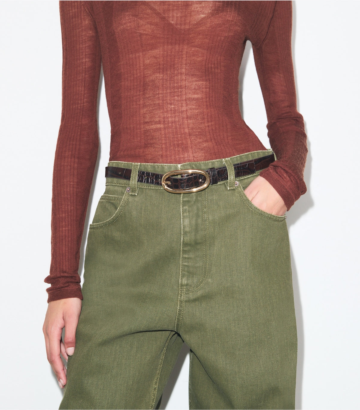Tory Burch Hot Sale - Pierced Embossed Croc Large Buckle Belt - Cocoa / Gold