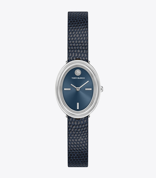 Tory Burch Featured - Oval Watch - Blue Steel/Blue Faux Lizard/Silver
