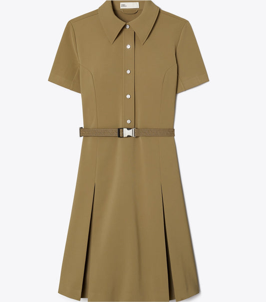Tory Burch Signature - Short-Sleeve Pleated Golf Dress - Olive