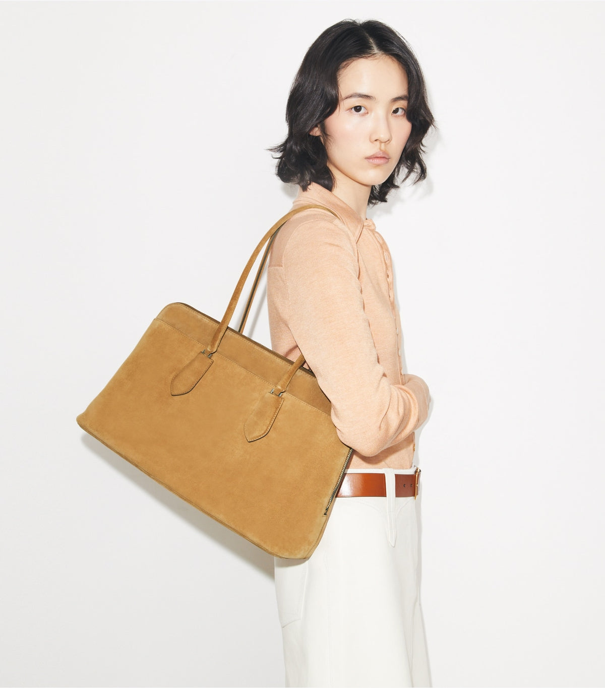 Tory Burch Hot Sale - Lock Suede Satchel - Toffee