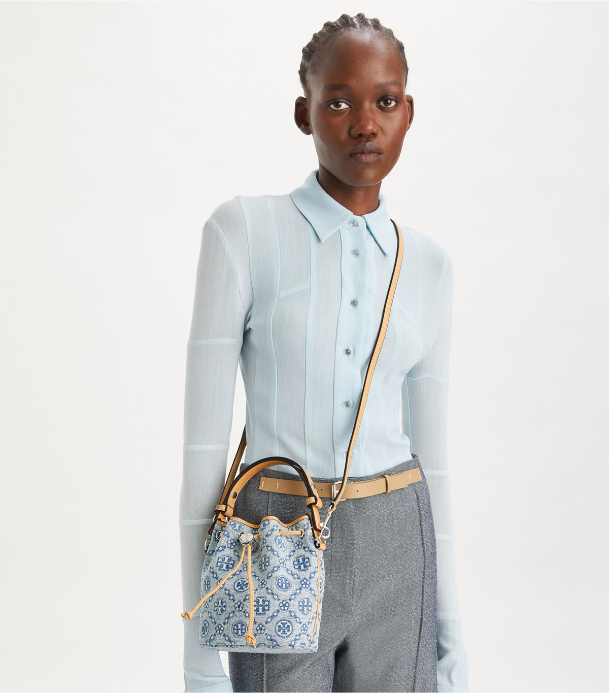 Tory Burch Special Offer - T Monogram Denim Mini Bucket Bag - Powder Blue