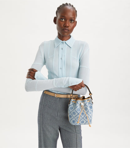 Tory Burch Special Offer - T Monogram Denim Mini Bucket Bag - Powder Blue