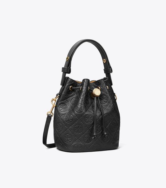 Tory Burch Classic - T Monogram Pebbled Mini Bucket Bag - Black