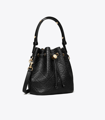 Tory Burch Premium - T Monogram Pebbled Bucket Bag - Black