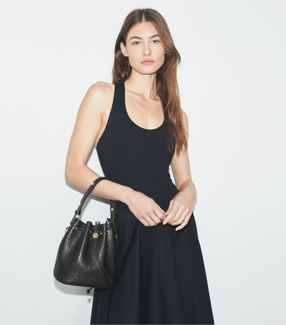 Tory Burch Premium - T Monogram Pebbled Bucket Bag - Black