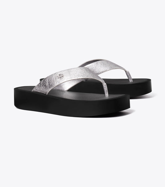 Tory Burch Quality - Leather Platform Flip Flop - Silver / Perfect Black / Silver