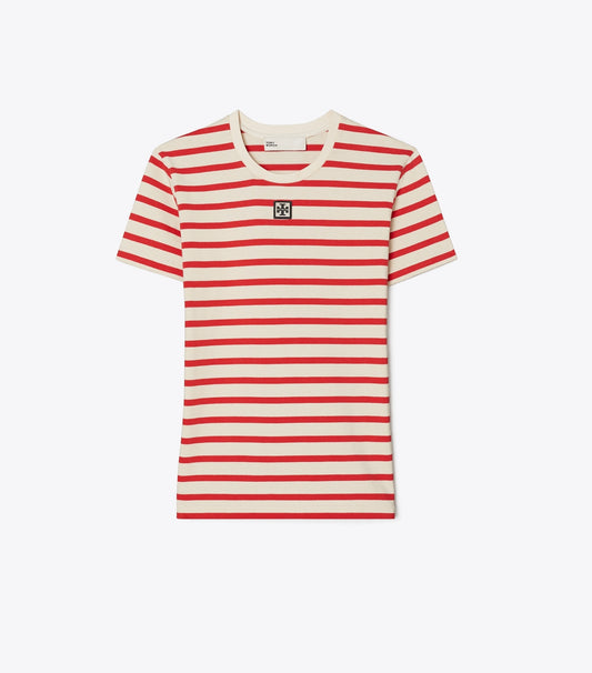 Tory Burch Trusted - Striped Cotton T-Shirt - Light Ivory/Flash Red