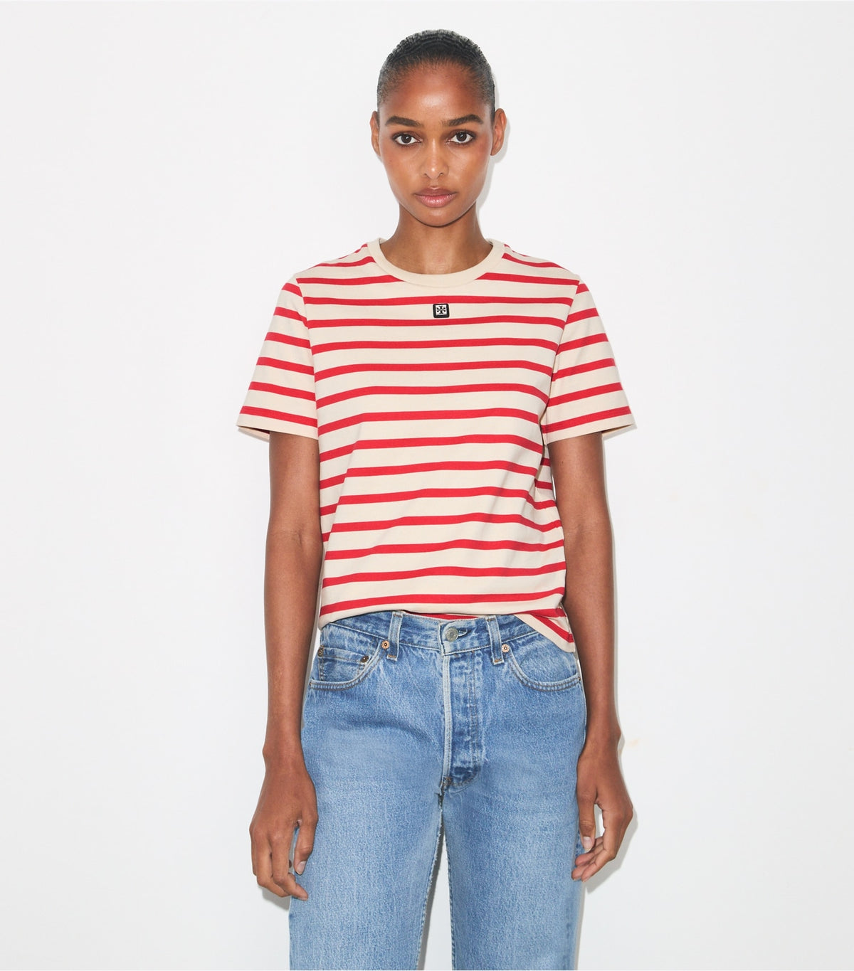Tory Burch Trusted - Striped Cotton T-Shirt - Light Ivory/Flash Red