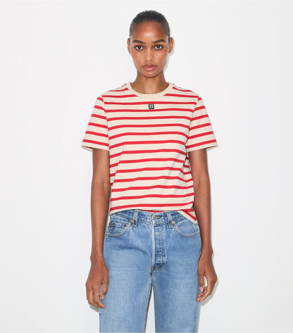 Tory Burch Trusted - Striped Cotton T-Shirt - Light Ivory/Flash Red