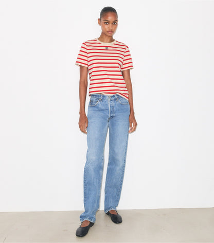 Tory Burch Trusted - Striped Cotton T-Shirt - Light Ivory/Flash Red