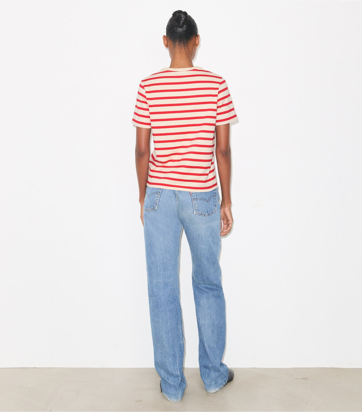 Tory Burch Trusted - Striped Cotton T-Shirt - Light Ivory/Flash Red