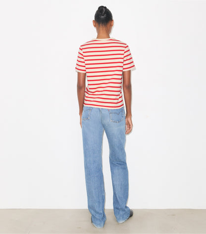 Tory Burch Trusted - Striped Cotton T-Shirt - Light Ivory/Flash Red