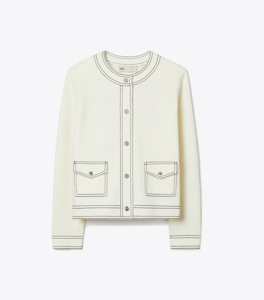 Tory Burch Great Value - Topstitch Wool Cardigan - New Ivory
