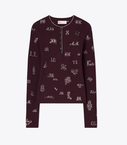 Tory Burch Great Value - Embroidered Henley Sweater - Evening Plum