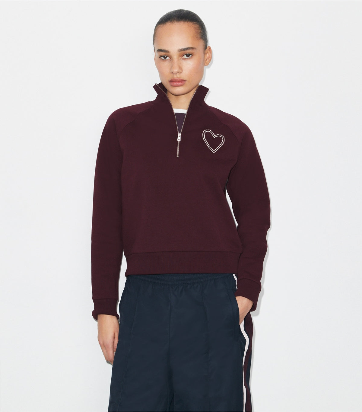 Tory Burch Best Price - Pick Stitch Heart French Terry Sweatshirt - Dark Merlot