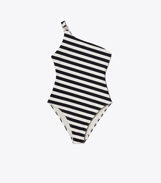 Tory Burch Popular - One Shoulder Striped Swimsuit - Black / Ivory